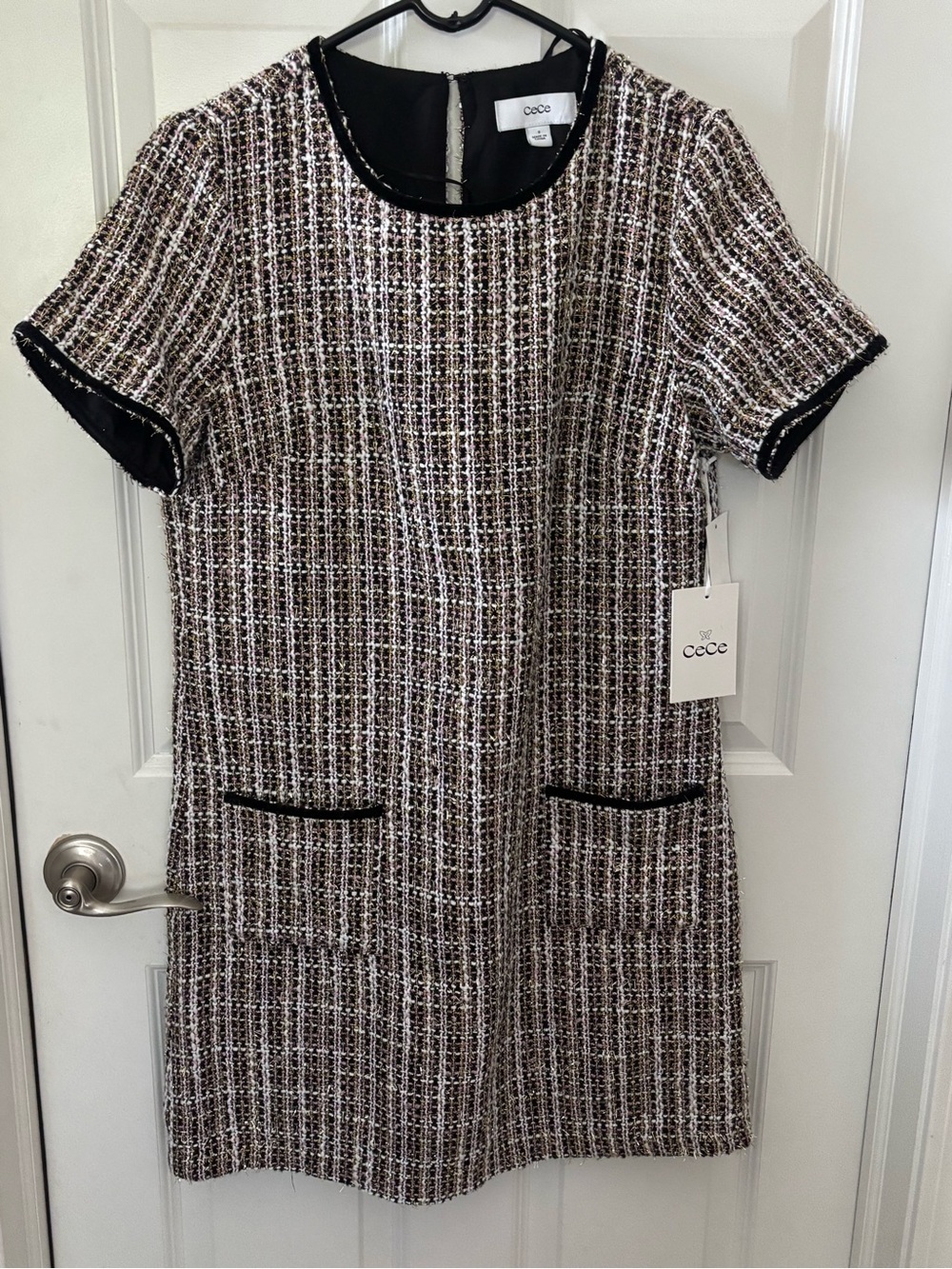 CeCe Black & Cream Tweed Short-Sleeve Shift Dress